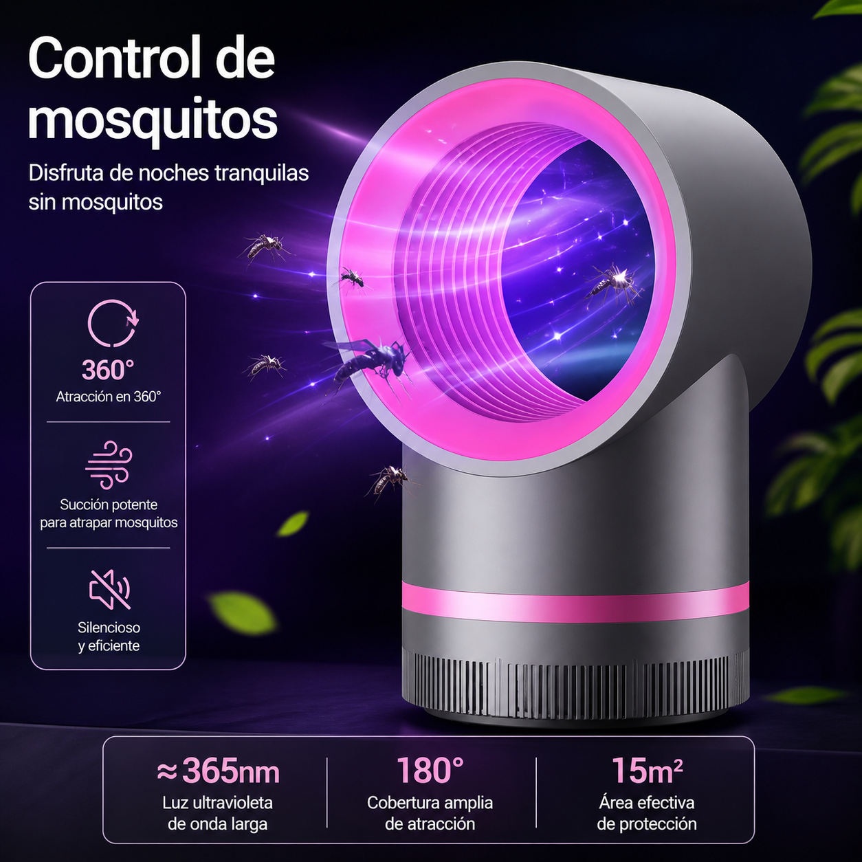 Lámpara Antimosquitos UV 360° (Silenciosa y sin químicos)